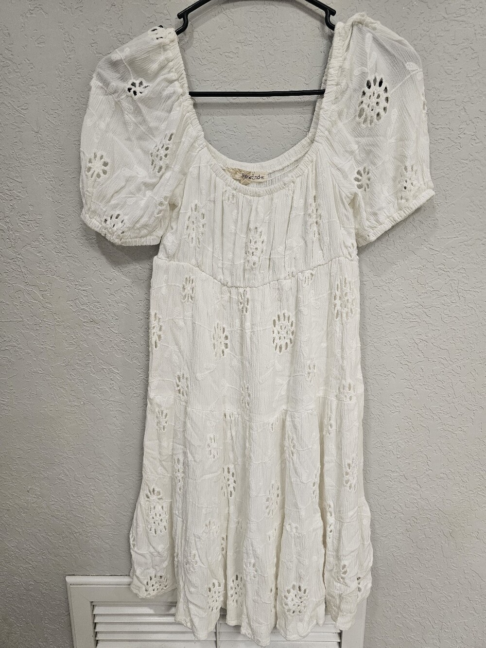 Rewind White Eyelet Lace Tiered Mini Dress XS Off Shoulder Cottagecore Boho